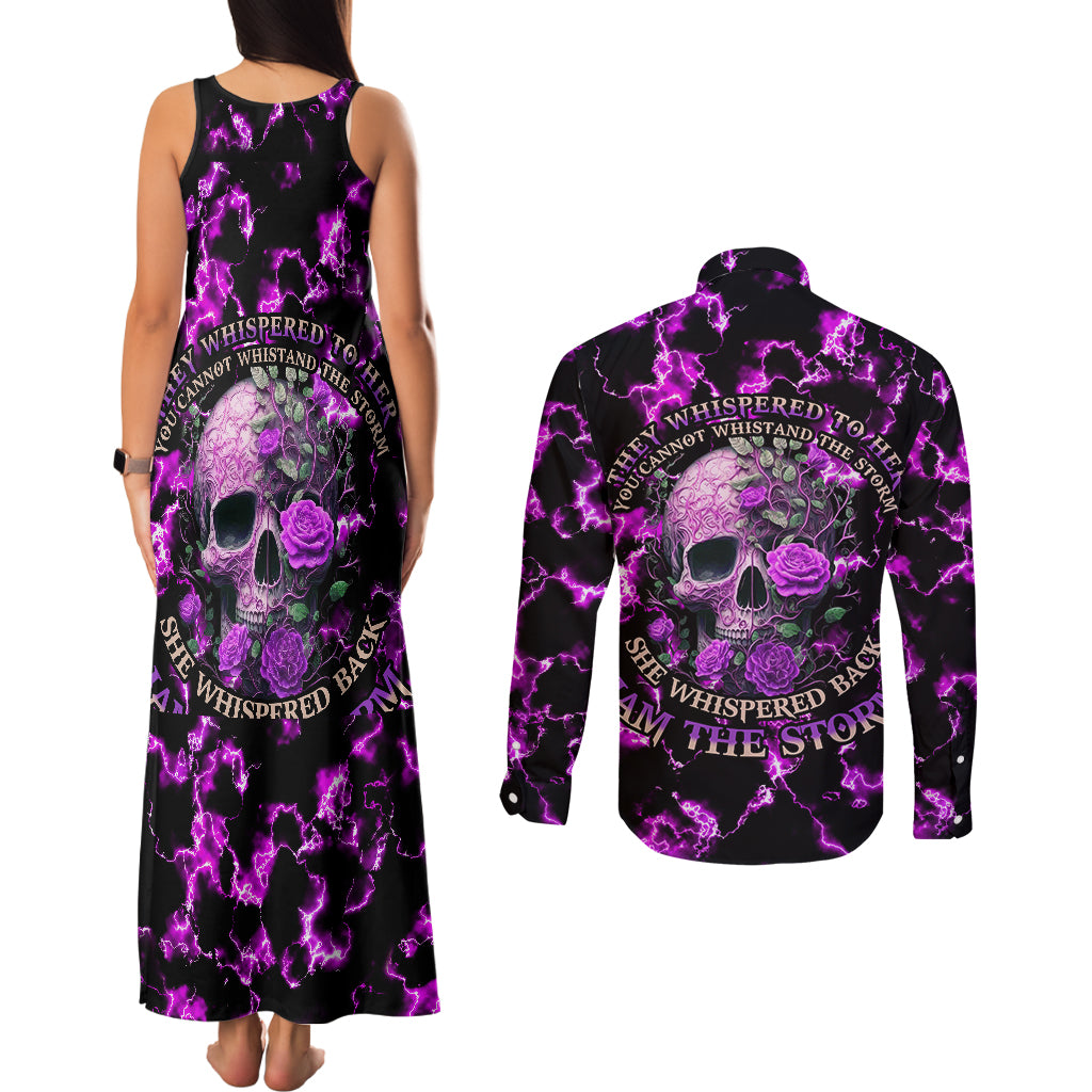 rose-skull-couples-matching-tank-maxi-dress-and-long-sleeve-button-shirts-she-whispered-back-i-am-the-storm