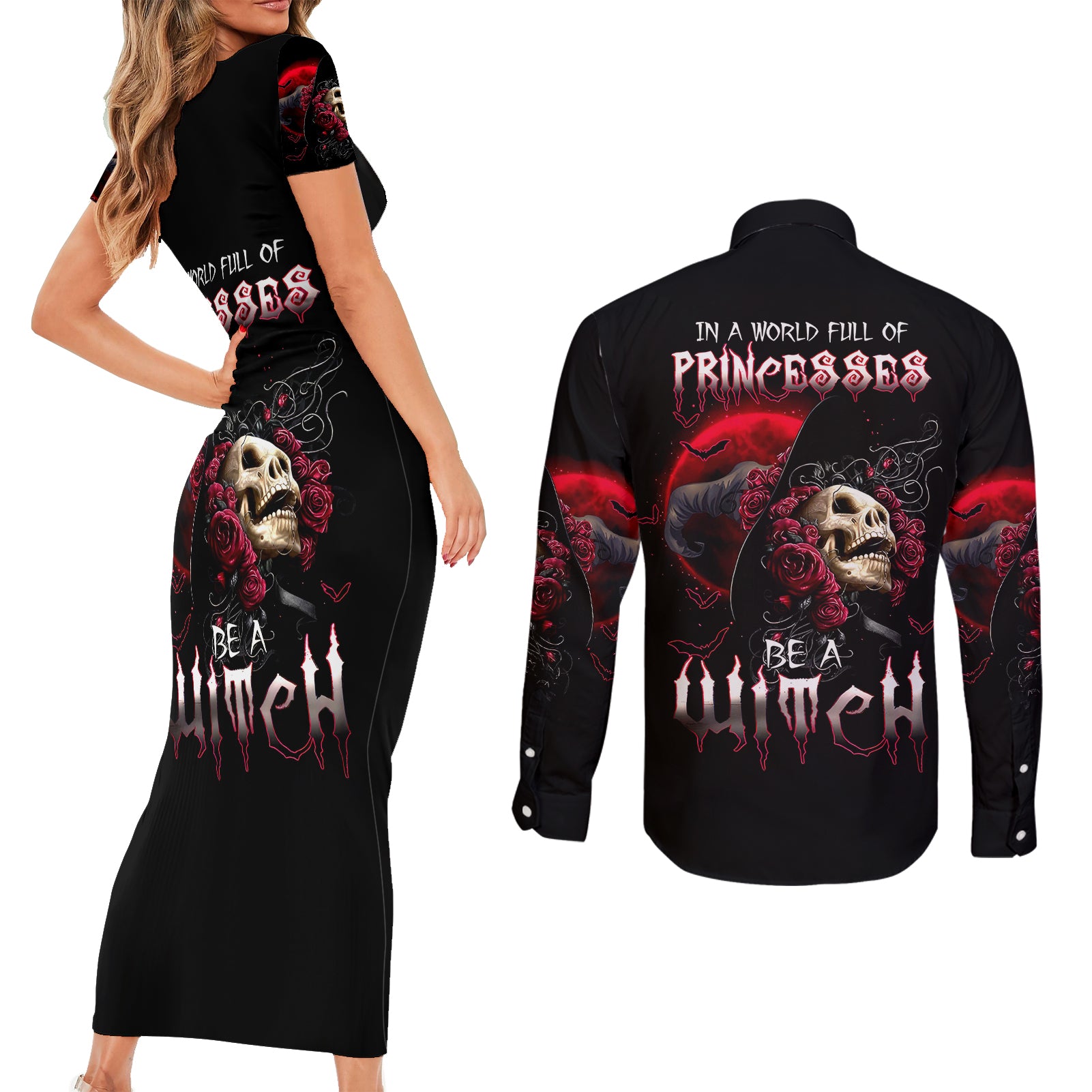 witch-skull-couples-matching-short-sleeve-bodycon-dress-and-long-sleeve-button-shirts-in-a-world-full-of-princess-be-a-witch