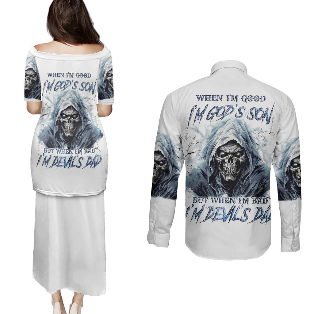 death-skull-couples-matching-puletasi-dress-and-long-sleeve-button-shirts-when-im-good-i-gods-son-but-when-im-bad-im-devils-dad