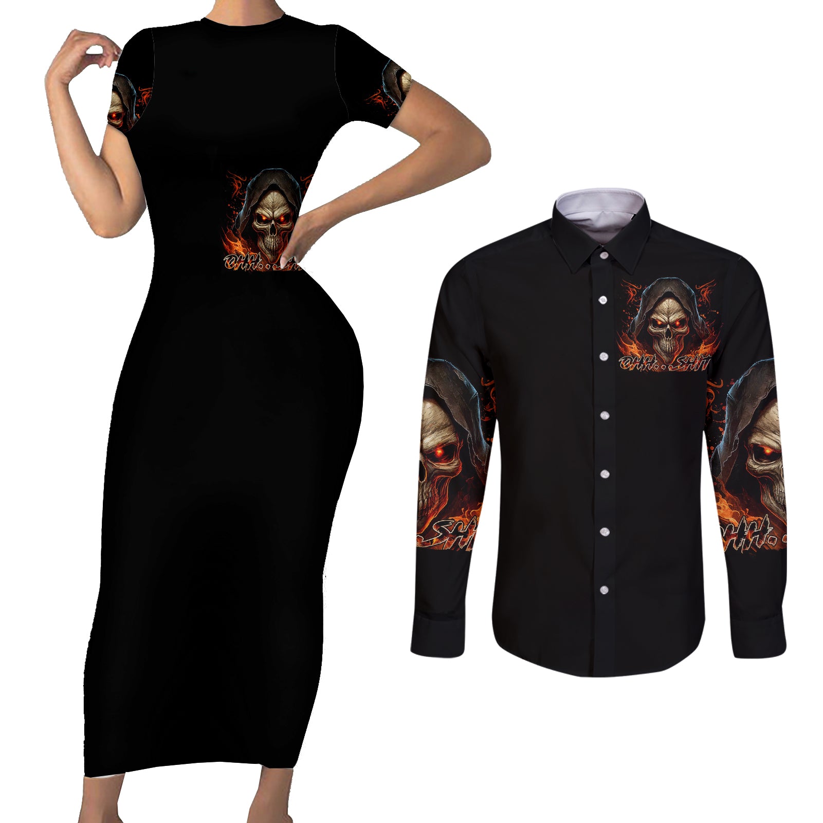 flame-skull-couples-matching-short-sleeve-bodycon-dress-and-long-sleeve-button-shirts-when-i-was-born-the-devil-said-oh-shit-compettion