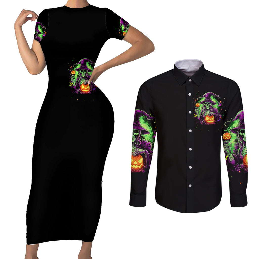pumpkin-witch-skull-couples-matching-short-sleeve-bodycon-dress-and-long-sleeve-button-shirts-witches-be-trippin