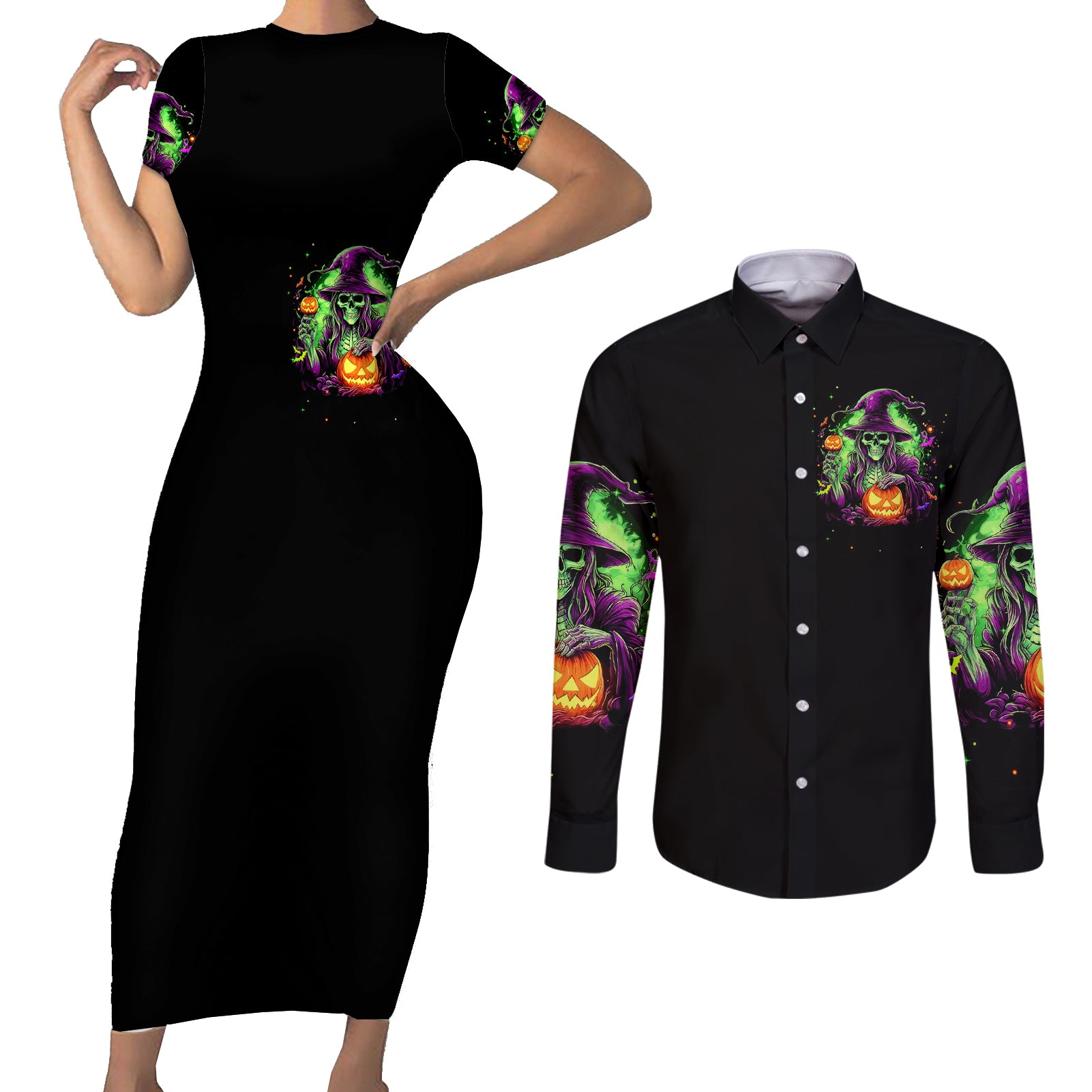 pumpkin-witch-skull-couples-matching-short-sleeve-bodycon-dress-and-long-sleeve-button-shirts-witches-be-trippin