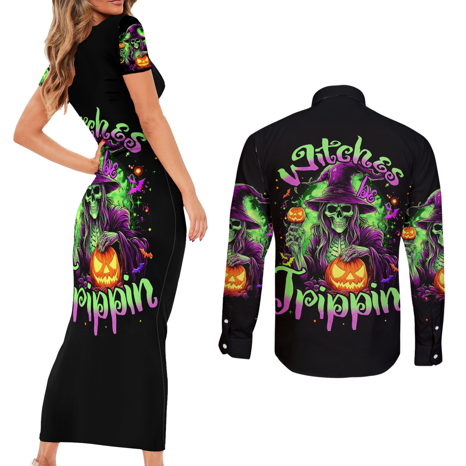 pumpkin-witch-skull-couples-matching-short-sleeve-bodycon-dress-and-long-sleeve-button-shirts-witches-be-trippin