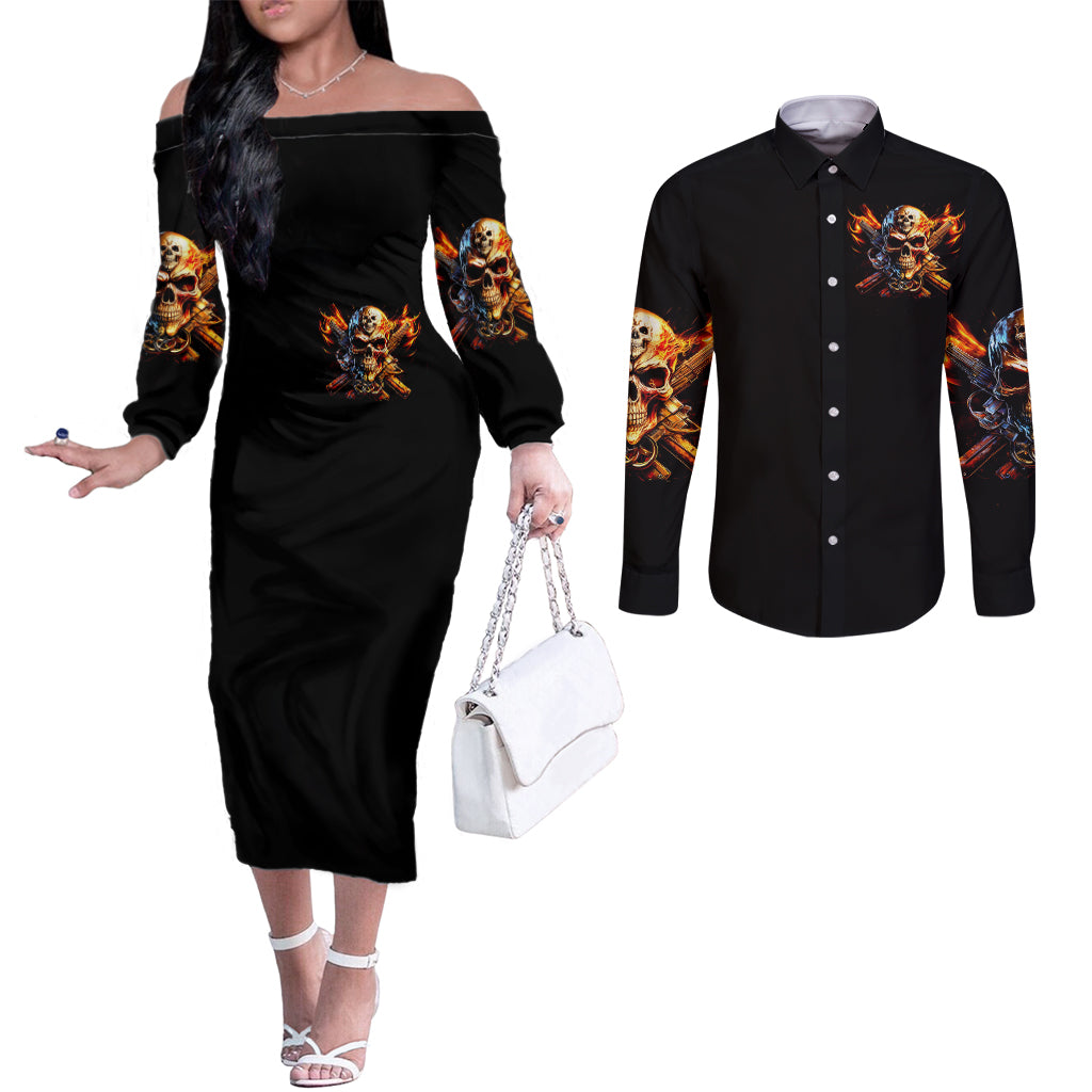 fire-gun-skull-couples-matching-off-the-shoulder-long-sleeve-dress-and-long-sleeve-button-shirts-your-first-mistake-was-thinking-i-was-one-of-the-sheep