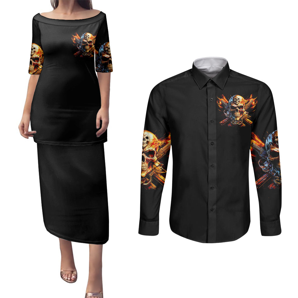 fire-gun-skull-couples-matching-puletasi-dress-and-long-sleeve-button-shirts-your-first-mistake-was-thinking-i-was-one-of-the-sheep