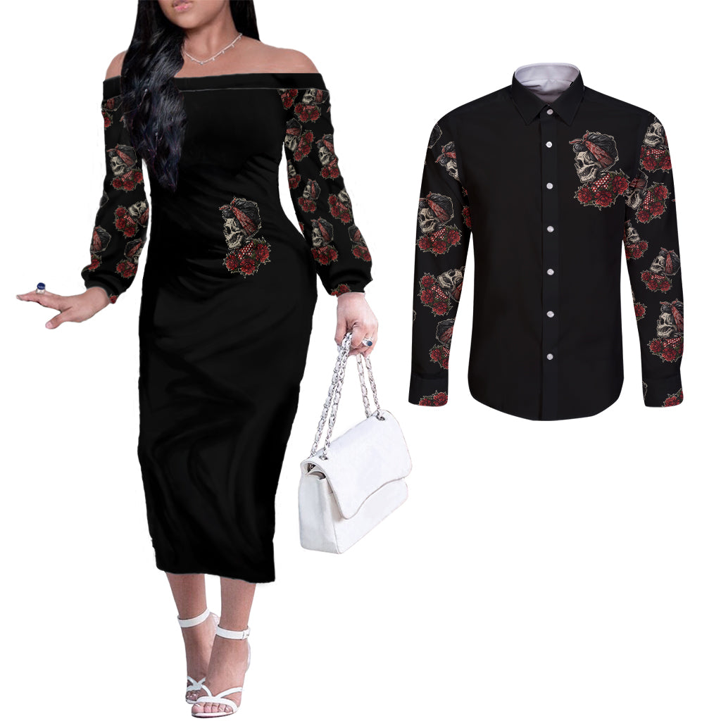 girl-skull-couples-matching-off-the-shoulder-long-sleeve-dress-and-long-sleeve-button-shirts-zero-fucking-given