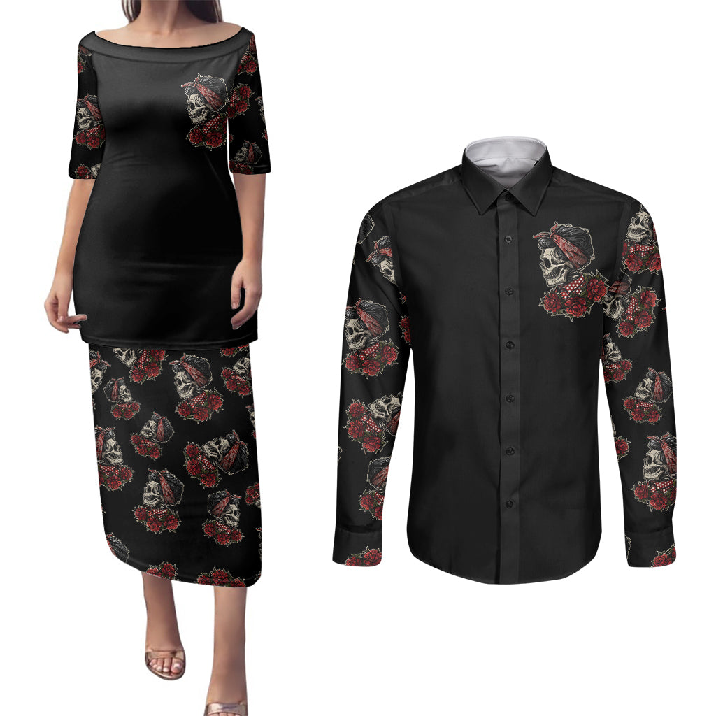 girl-skull-couples-matching-puletasi-dress-and-long-sleeve-button-shirts-zero-fucking-given