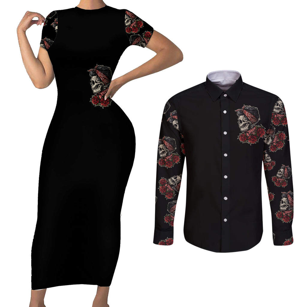 girl-skull-couples-matching-short-sleeve-bodycon-dress-and-long-sleeve-button-shirts-zero-fucking-given