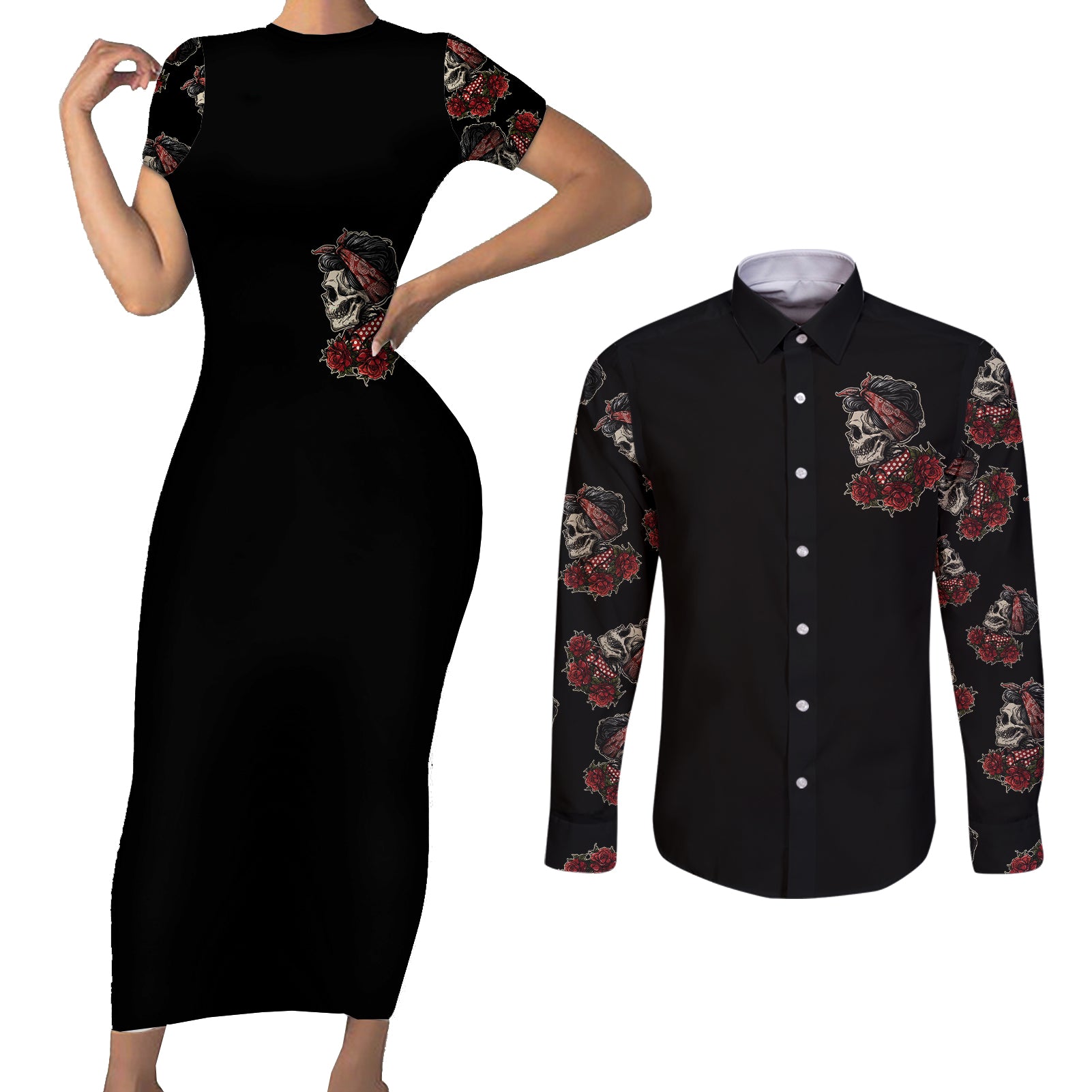 girl-skull-couples-matching-short-sleeve-bodycon-dress-and-long-sleeve-button-shirts-zero-fucking-given