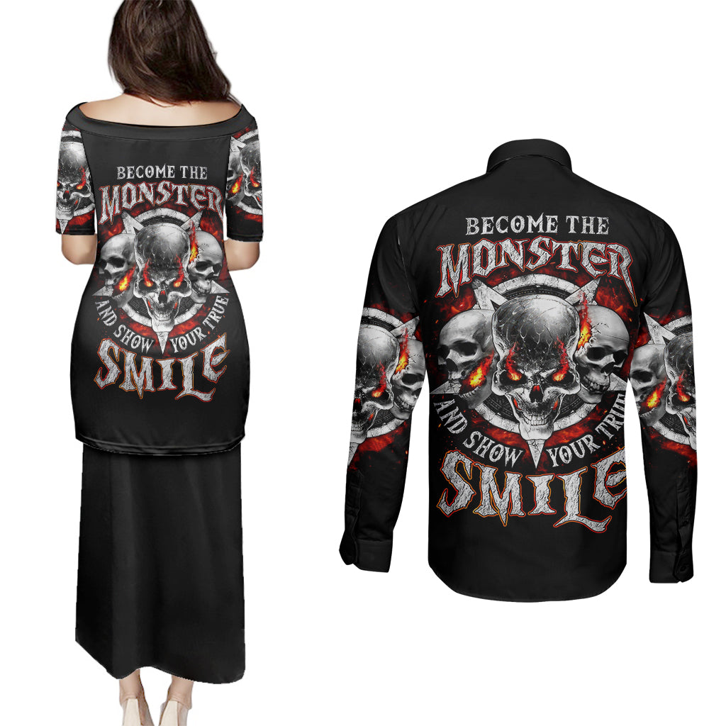 satan-skull-couples-matching-puletasi-dress-and-long-sleeve-button-shirts-become-the-monster-and-show-your-true-smile