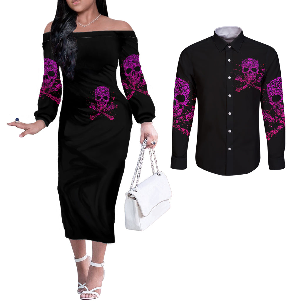 flower-skull-couples-matching-off-the-shoulder-long-sleeve-dress-and-long-sleeve-button-shirts-can-you-see-the-fuck-you-in-my-smile