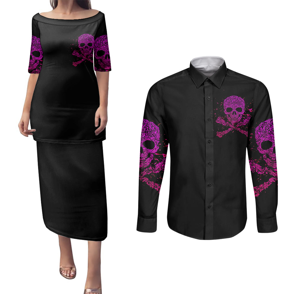 flower-skull-couples-matching-puletasi-dress-and-long-sleeve-button-shirts-can-you-see-the-fuck-you-in-my-smile