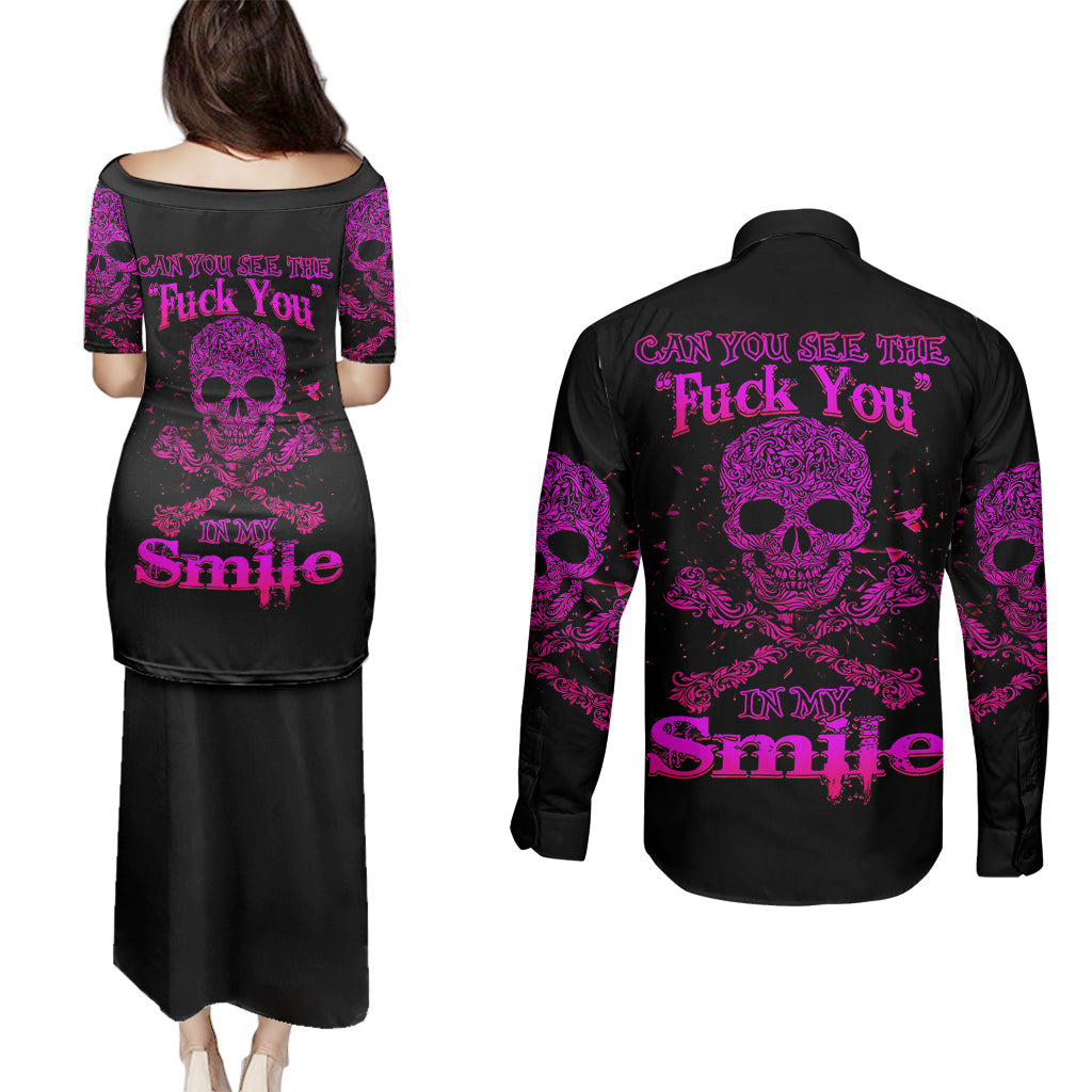flower-skull-couples-matching-puletasi-dress-and-long-sleeve-button-shirts-can-you-see-the-fuck-you-in-my-smile