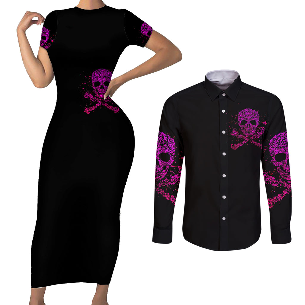 flower-skull-couples-matching-short-sleeve-bodycon-dress-and-long-sleeve-button-shirts-can-you-see-the-fuck-you-in-my-smile