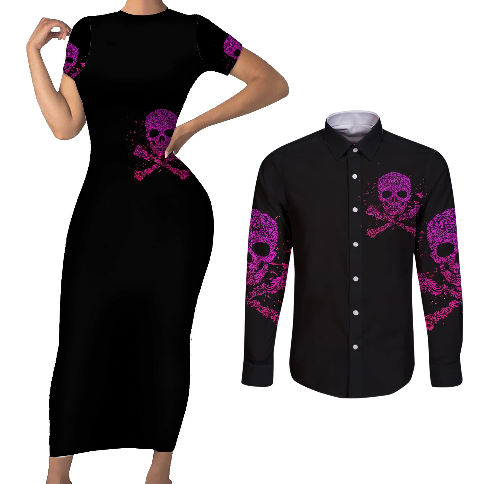 flower-skull-couples-matching-short-sleeve-bodycon-dress-and-long-sleeve-button-shirts-can-you-see-the-fuck-you-in-my-smile