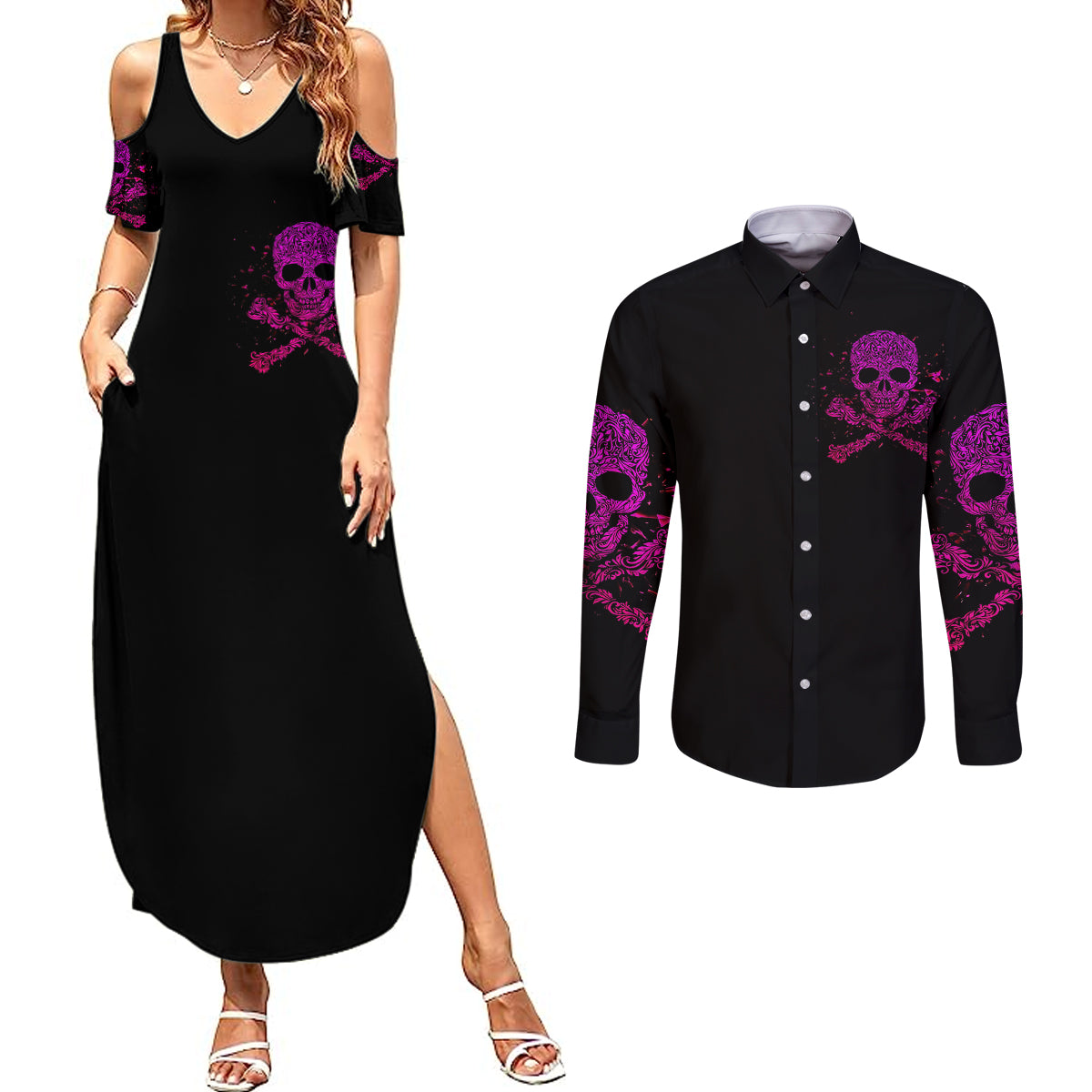 flower-skull-couples-matching-summer-maxi-dress-and-long-sleeve-button-shirts-can-you-see-the-fuck-you-in-my-smile