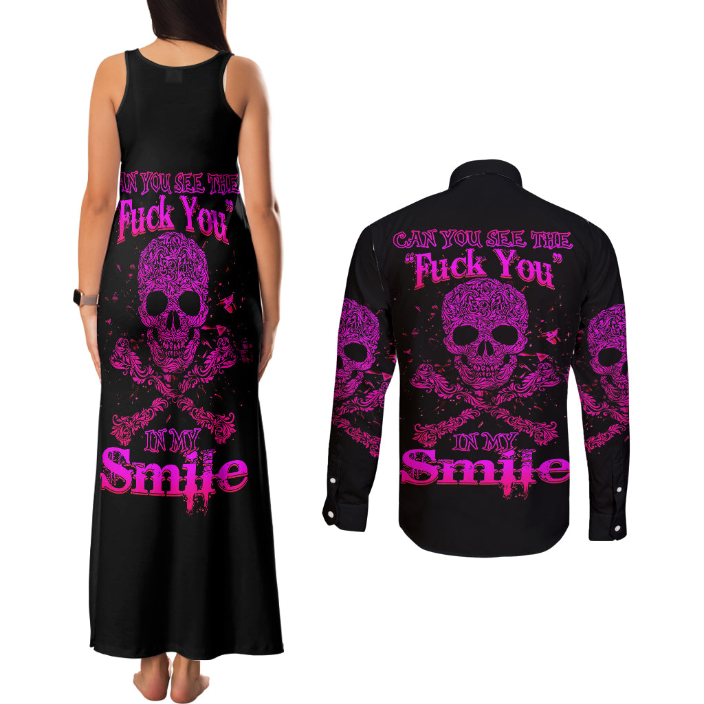 flower-skull-couples-matching-tank-maxi-dress-and-long-sleeve-button-shirts-can-you-see-the-fuck-you-in-my-smile