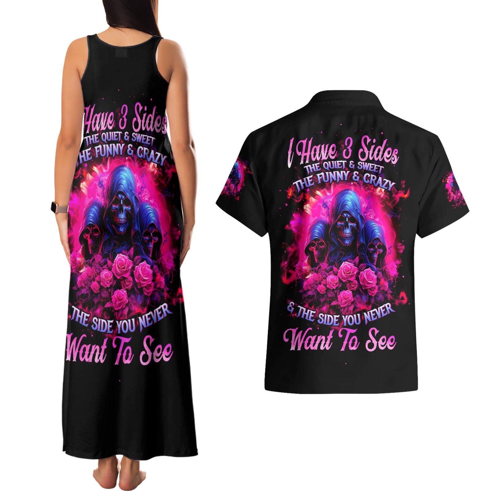 Rose Skull Couples Matching Tank Maxi Dress and Hawaiian Shirt I Have 3 Sides And You Never Want To See