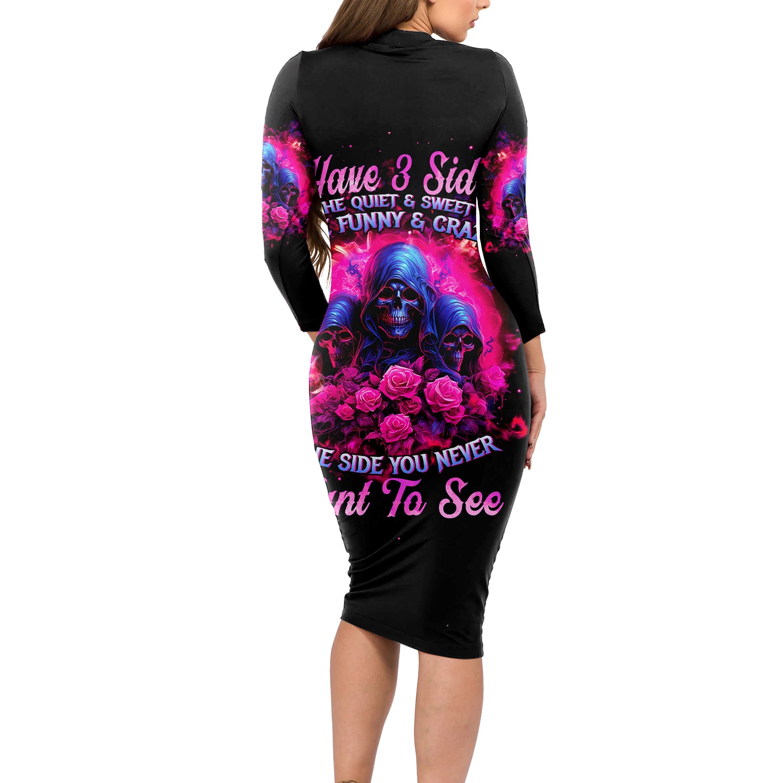 Rose Skull Long Sleeve Bodycon Dress I Have 3 Sides And You Never Want To See