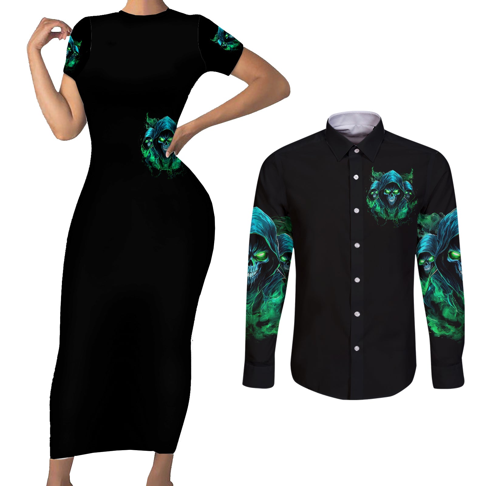 Flame Skull Couples Matching Short Sleeve Bodycon Dress and Long Sleeve Button Shirt I Don't Stop When I Tired I Stop When I Fucking Done