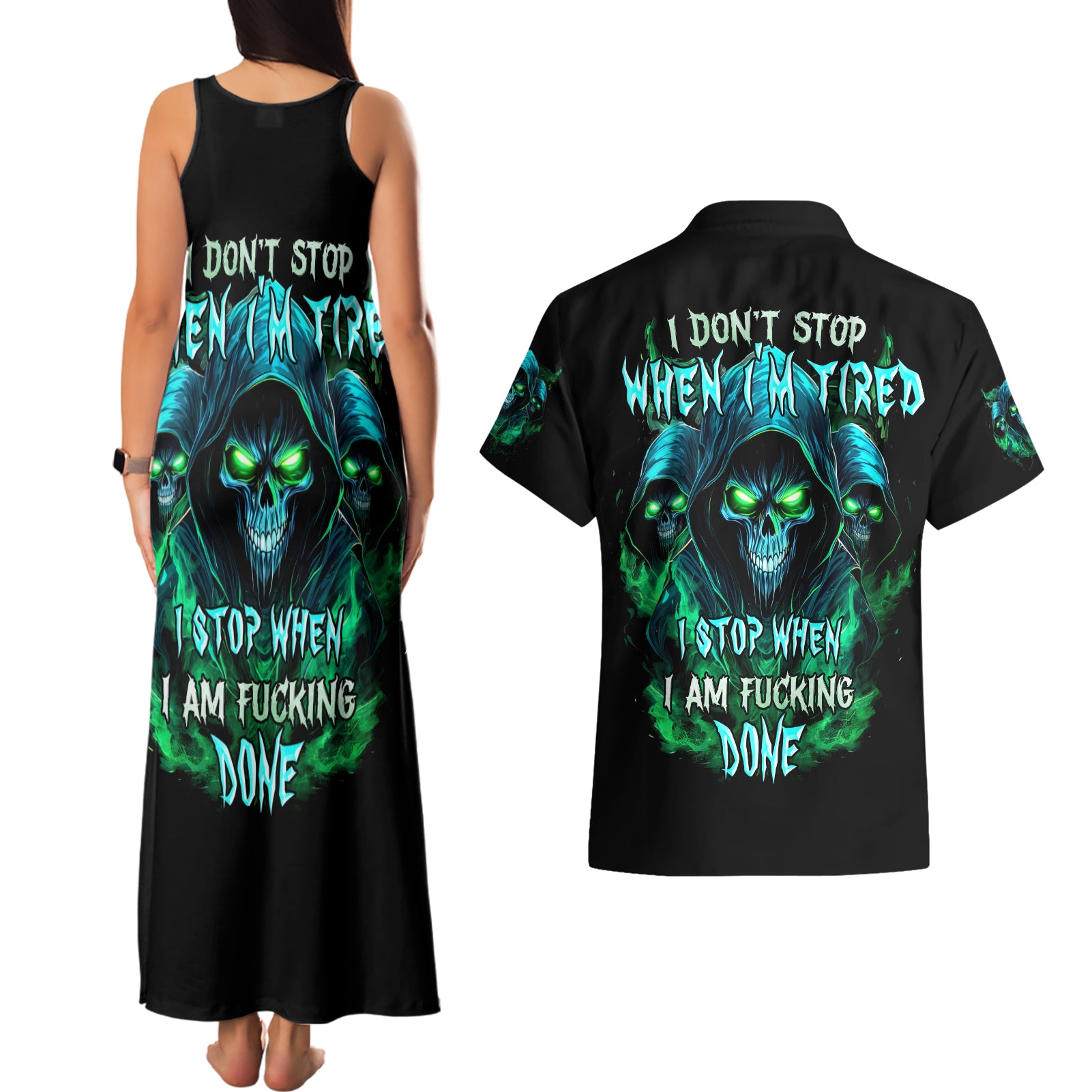 Flame Skull Couples Matching Tank Maxi Dress and Hawaiian Shirt I Don't Stop When I Tired I Stop When I Fucking Done