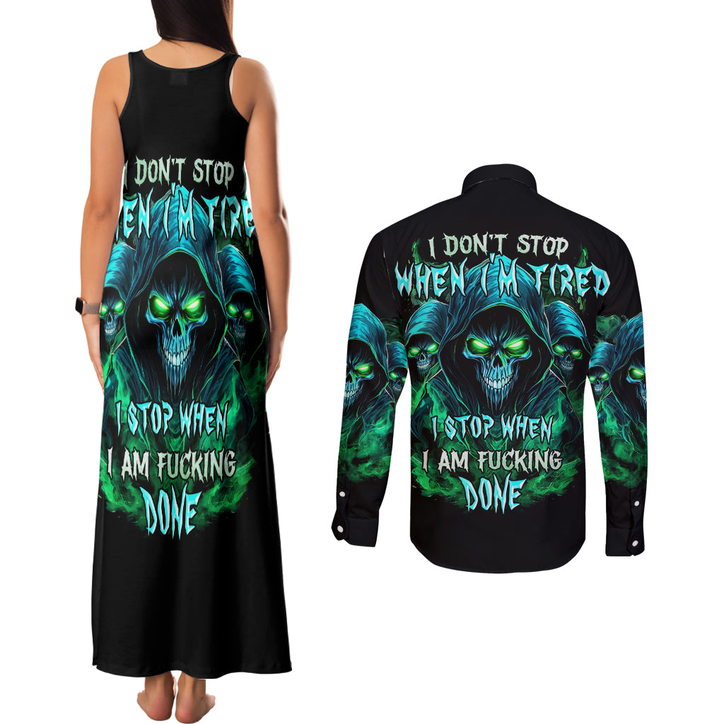 Flame Skull Couples Matching Tank Maxi Dress and Long Sleeve Button Shirt I Don't Stop When I Tired I Stop When I Fucking Done