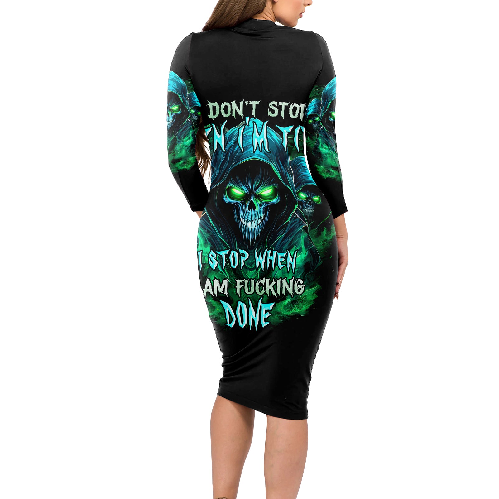 Flame Skull Long Sleeve Bodycon Dress I Don't Stop When I Tired I Stop When I Fucking Done