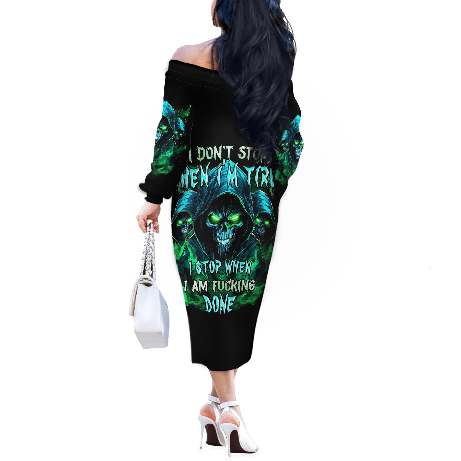 Flame Skull Off The Shoulder Long Sleeve Dress I Don't Stop When I Tired I Stop When I Fucking Done