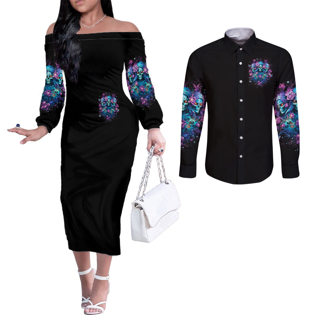 Rose Skull Couples Matching Off The Shoulder Long Sleeve Dress and Long Sleeve Button Shirt Stuck Between IDK IDC And IDGAF