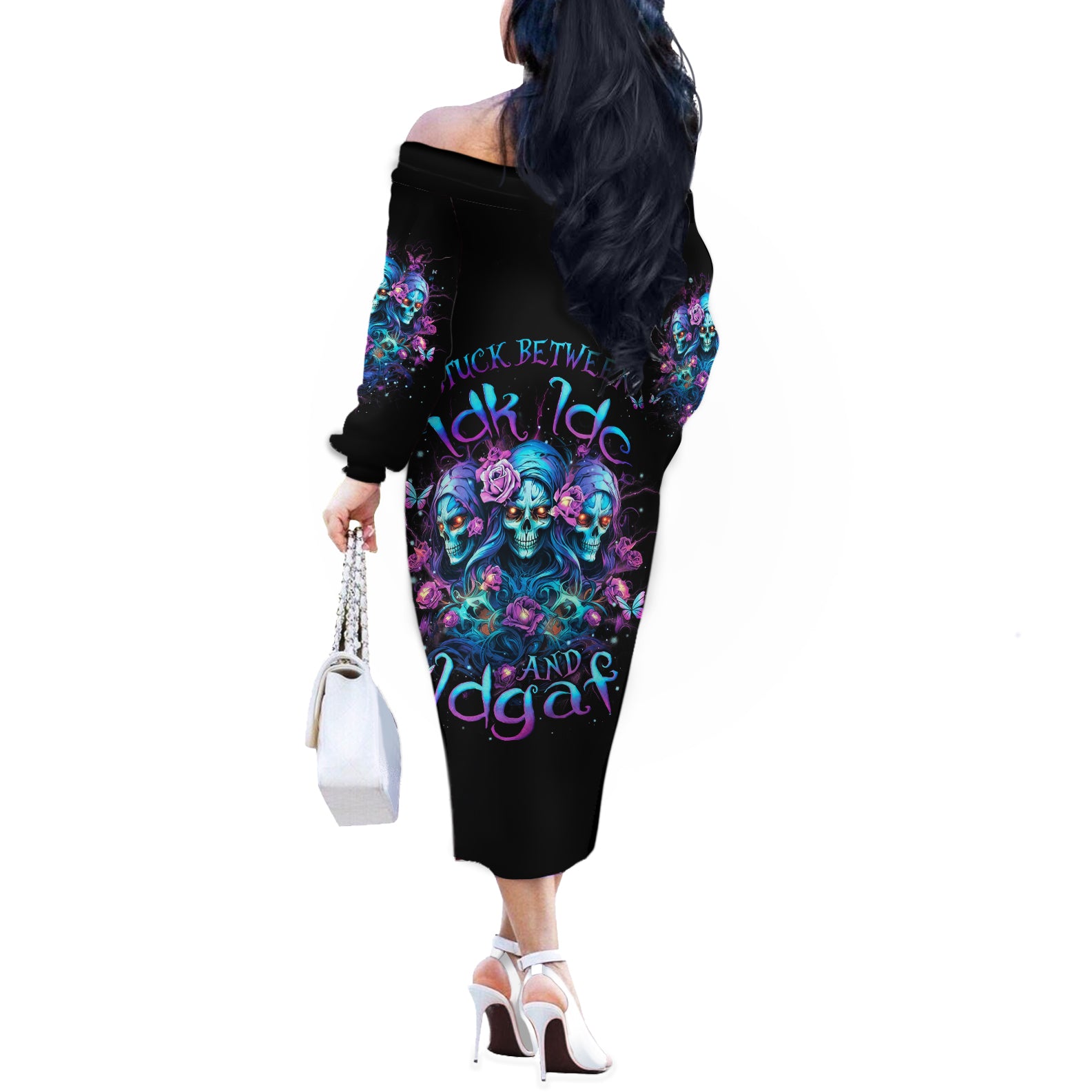 Rose Skull Off The Shoulder Long Sleeve Dress Stuck Between IDK IDC And IDGAF