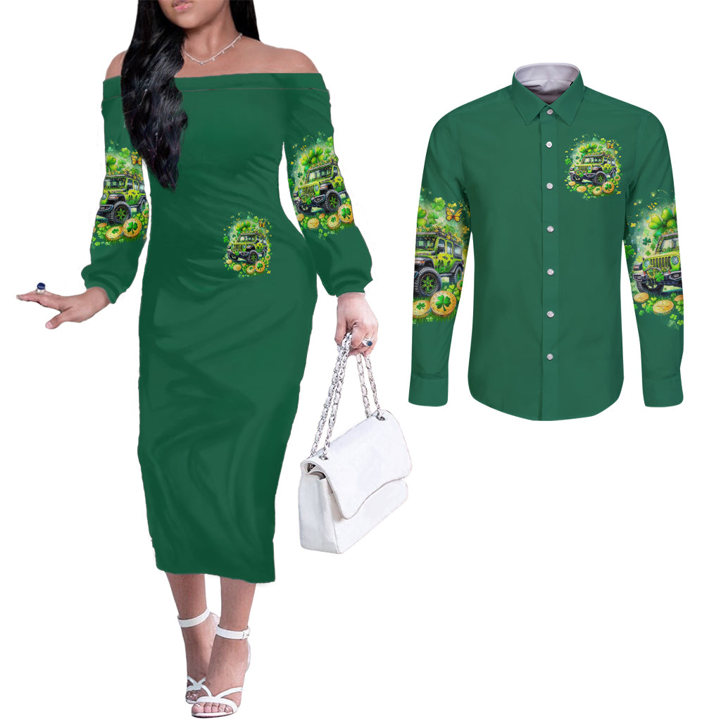 Irsh Jeep Couples Matching Off The Shoulder Long Sleeve Dress and Long Sleeve Button Shirt In March We Wear Green