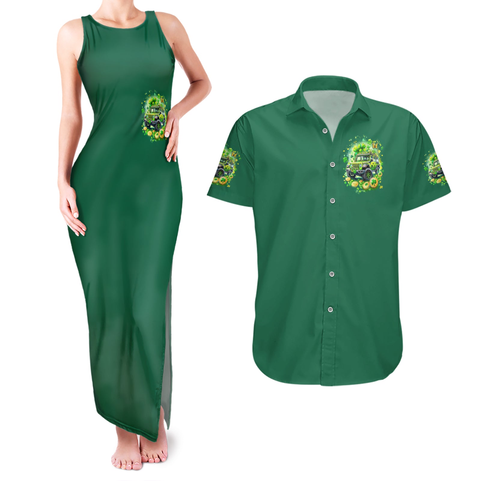 Irsh Jeep Couples Matching Tank Maxi Dress and Hawaiian Shirt In March We Wear Green