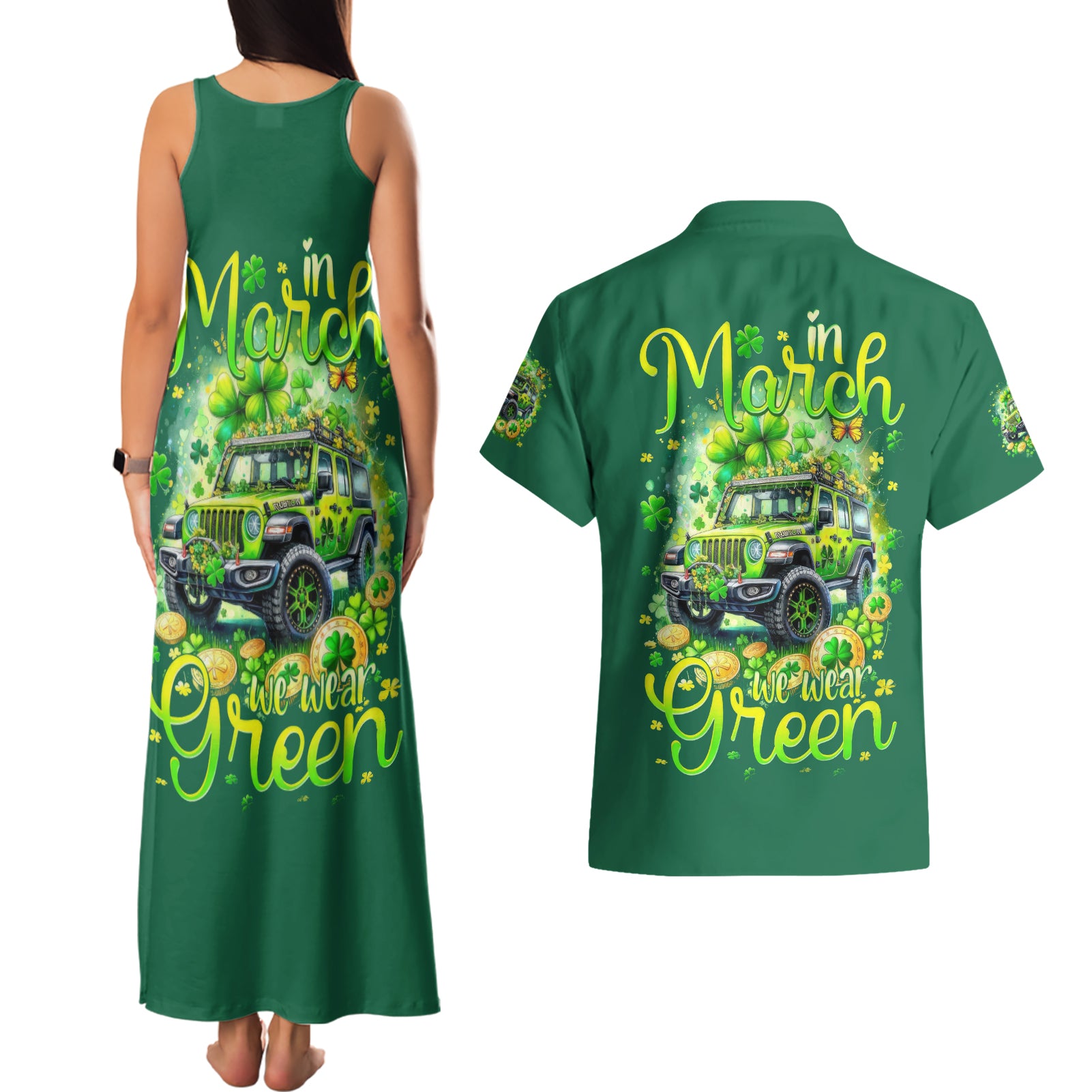 Irsh Jeep Couples Matching Tank Maxi Dress and Hawaiian Shirt In March We Wear Green