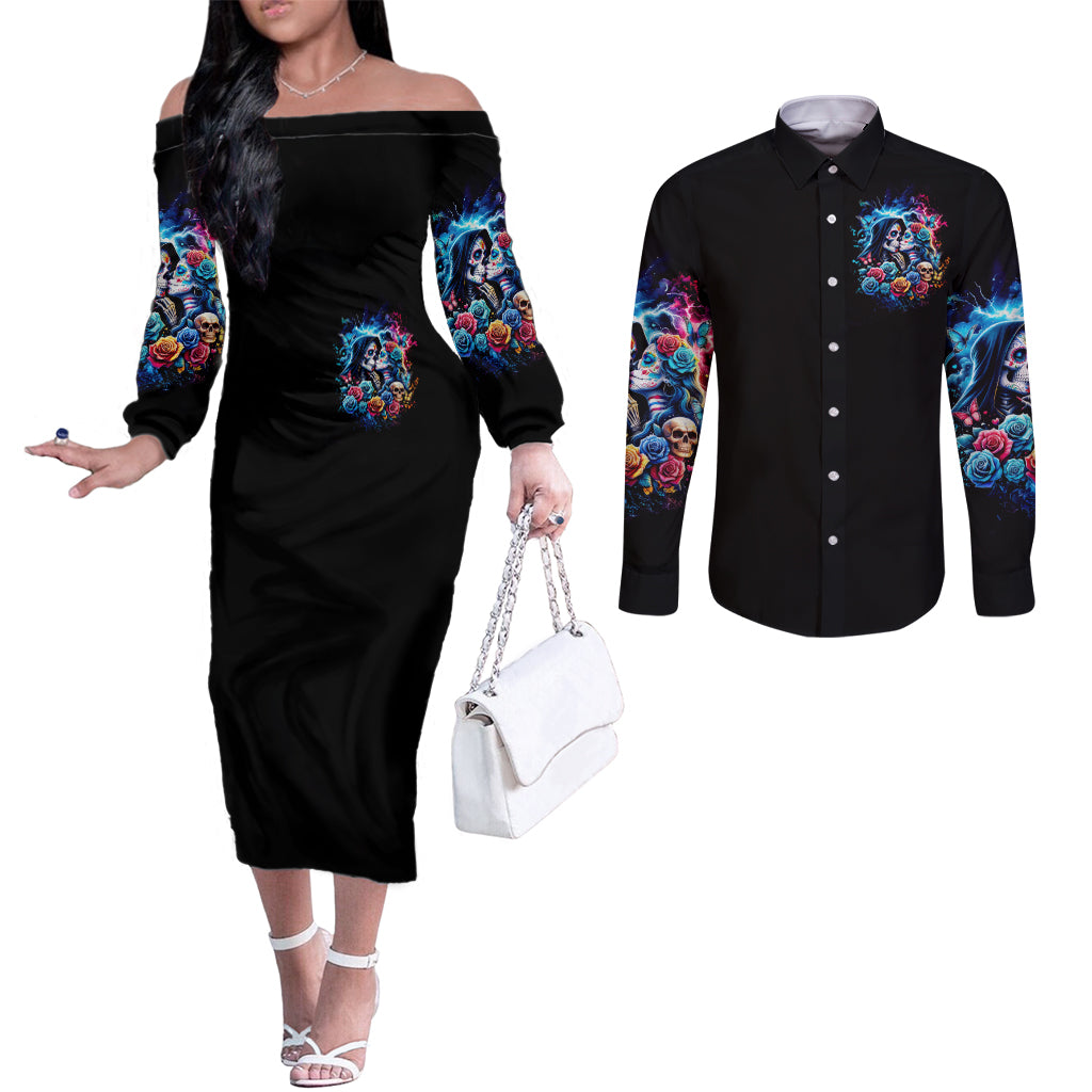 Couple Skull Couples Matching Off The Shoulder Long Sleeve Dress and Long Sleeve Button Shirt It't You And Me Against The World Baby