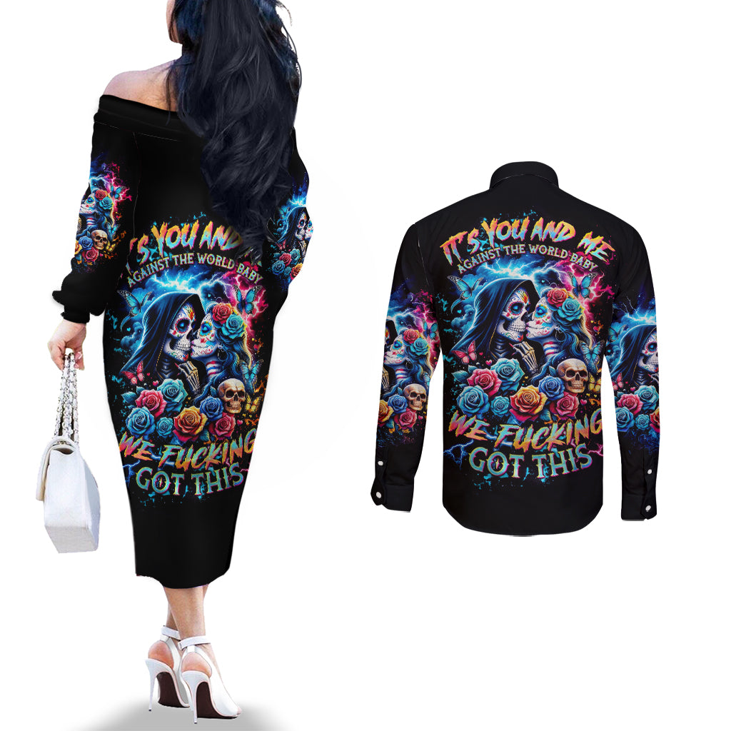 Couple Skull Couples Matching Off The Shoulder Long Sleeve Dress and Long Sleeve Button Shirt It't You And Me Against The World Baby