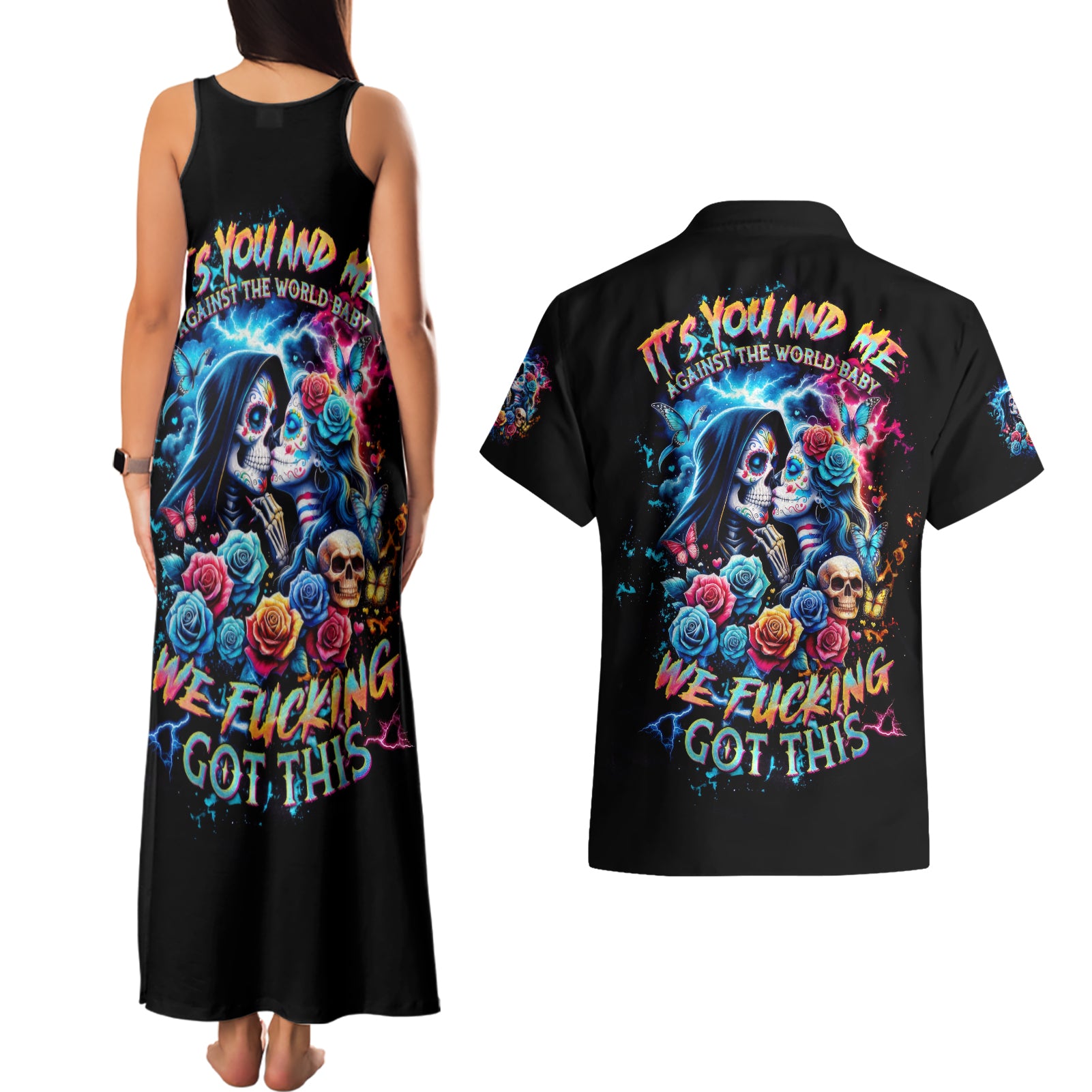 Couple Skull Couples Matching Tank Maxi Dress and Hawaiian Shirt It't You And Me Against The World Baby
