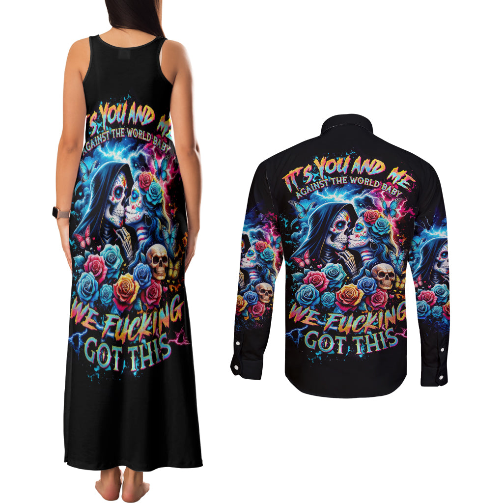 Couple Skull Couples Matching Tank Maxi Dress and Long Sleeve Button Shirt It't You And Me Against The World Baby