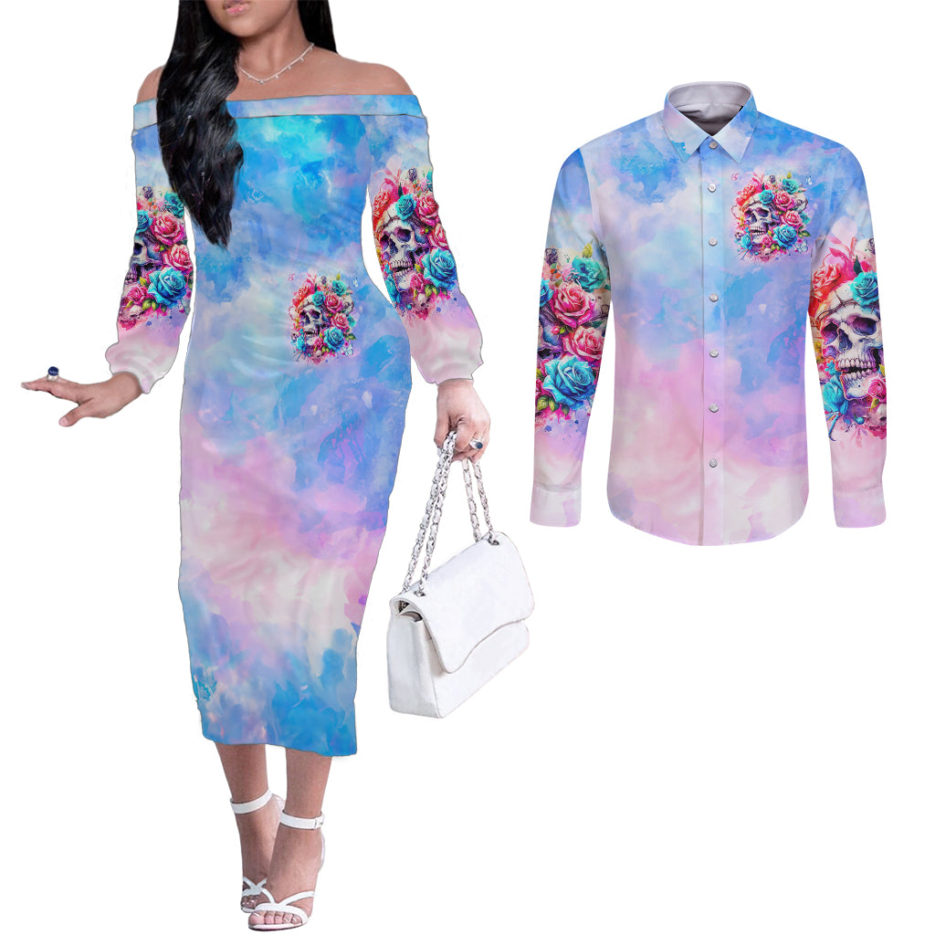 Rose Skull Couples Matching Off The Shoulder Long Sleeve Dress and Long Sleeve Button Shirt The Good Girl In Me Got Tired Of The Bullshit