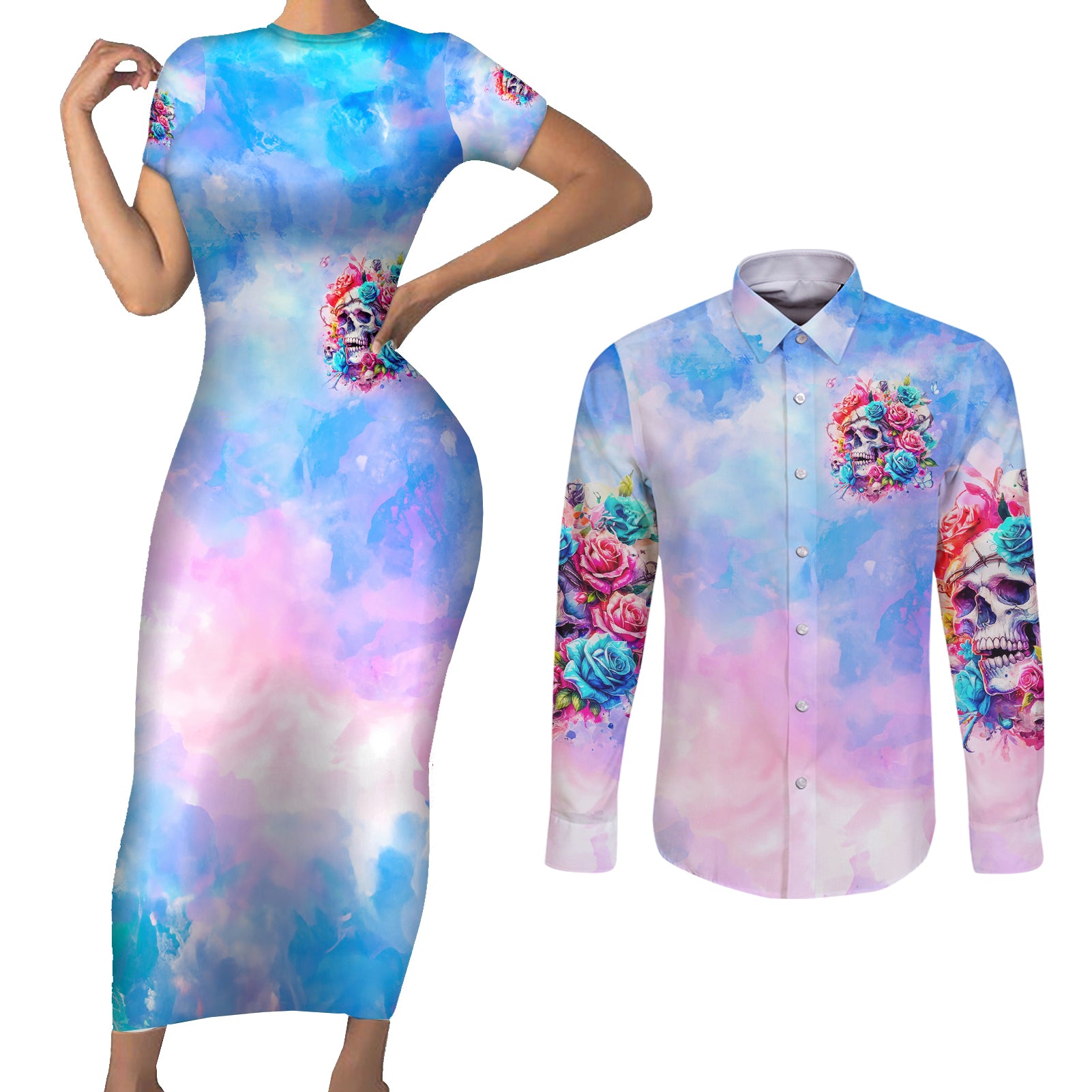Rose Skull Couples Matching Short Sleeve Bodycon Dress and Long Sleeve Button Shirt The Good Girl In Me Got Tired Of The Bullshit