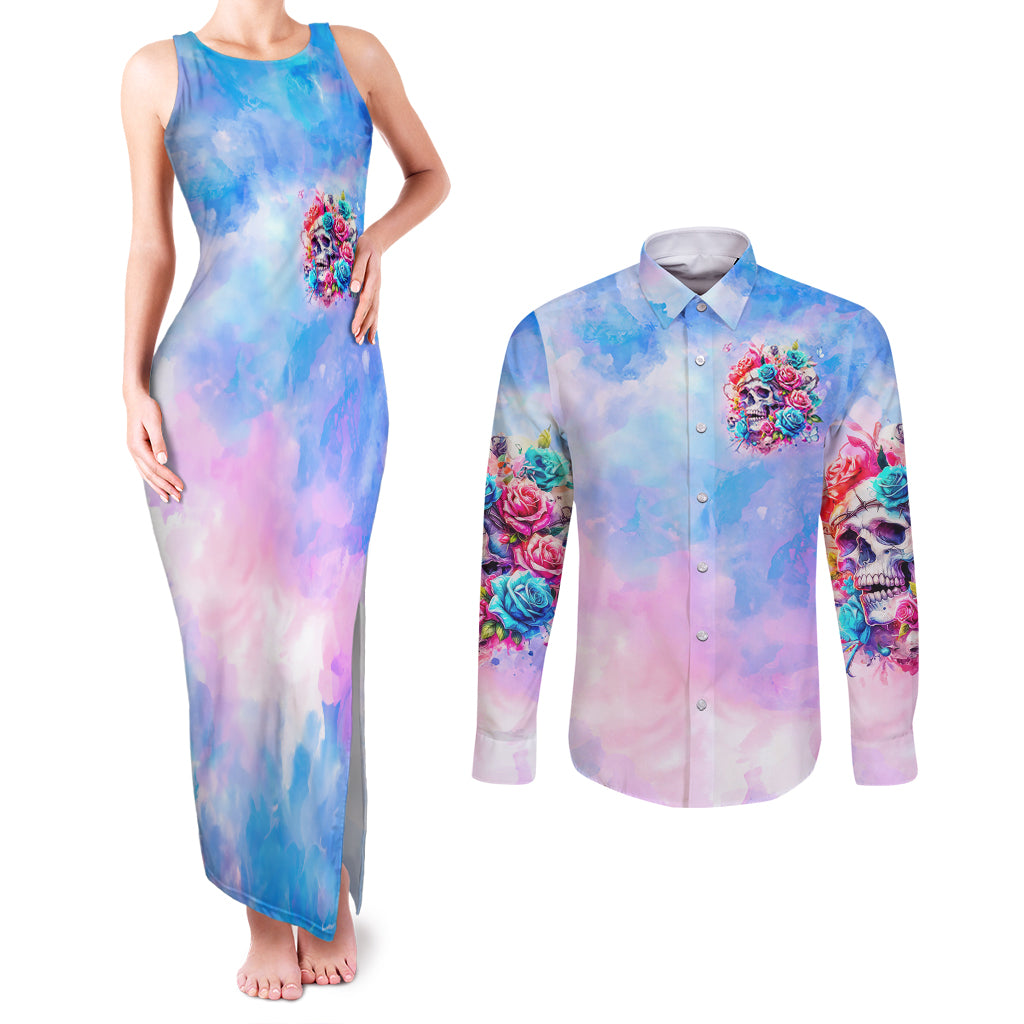 Rose Skull Couples Matching Tank Maxi Dress and Long Sleeve Button Shirt The Good Girl In Me Got Tired Of The Bullshit