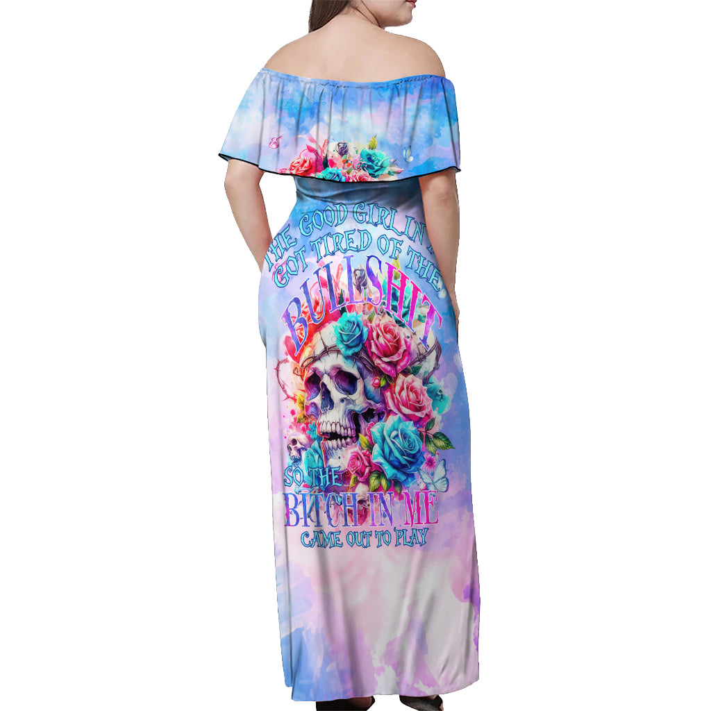 Rose Skull Off Shoulder Maxi Dress The Good Girl In Me Got Tired Of The Bullshit