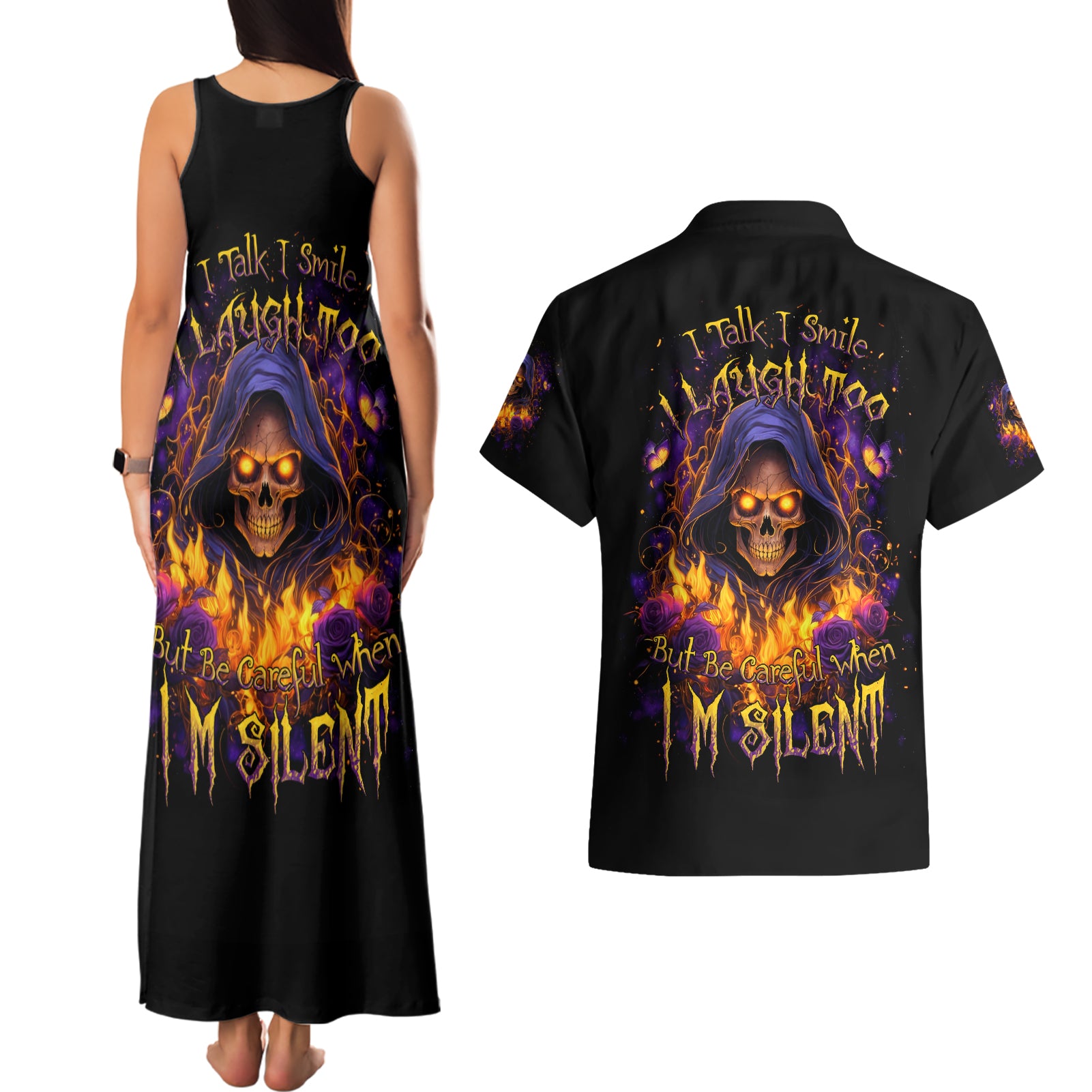 Flame Skull Couples Matching Tank Maxi Dress and Hawaiian Shirt I Talk I Smite But Be Careful When I Silent