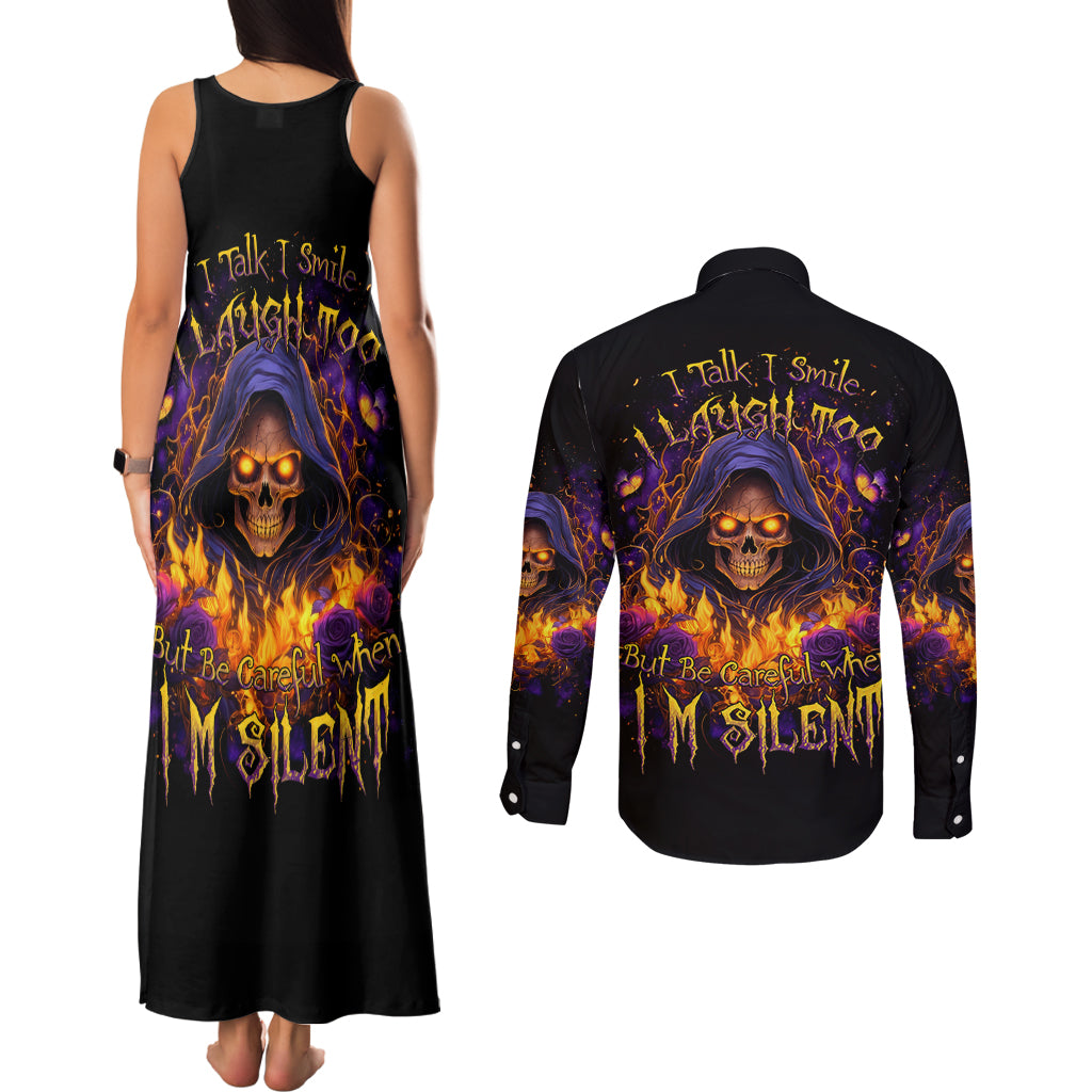 Flame Skull Couples Matching Tank Maxi Dress and Long Sleeve Button Shirt I Talk I Smite But Be Careful When I Silent
