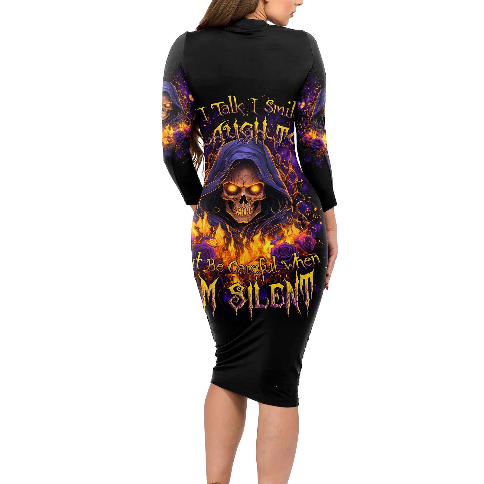 Flame Skull Long Sleeve Bodycon Dress I Talk I Smite But Be Careful When I Silent