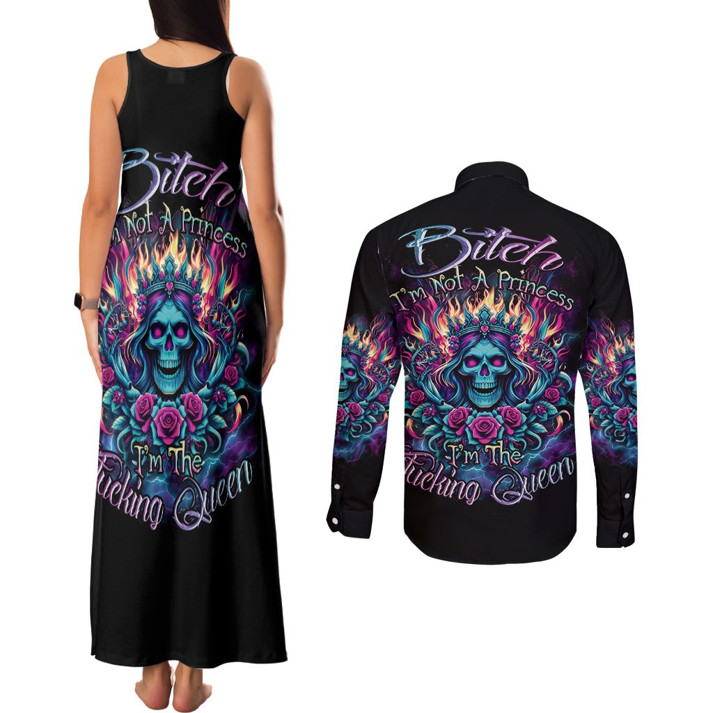 Queen Skull Couples Matching Tank Maxi Dress and Long Sleeve Button Shirt Bitch I'm Not A Princess I'm The Fucking Queen