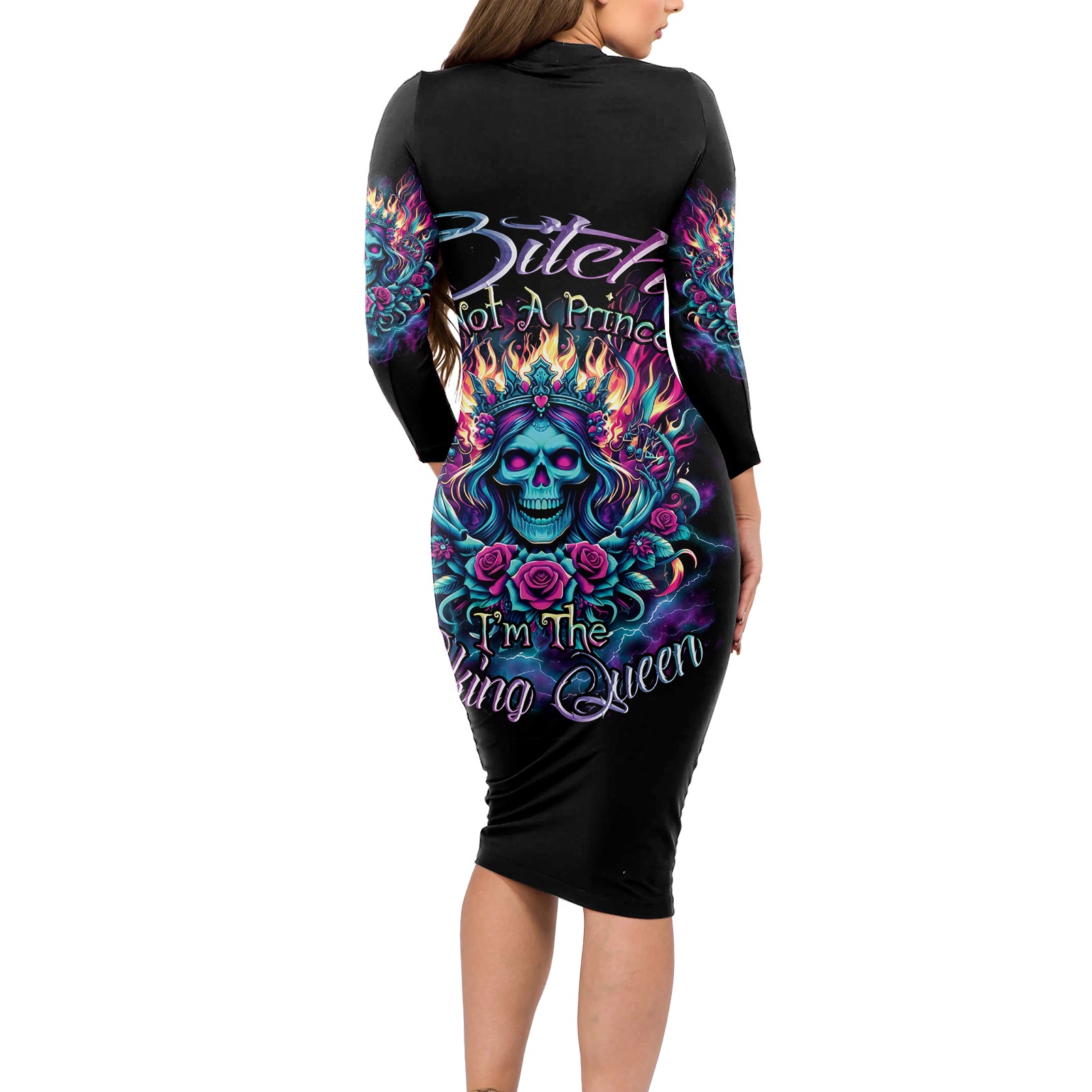 Queen Skull Long Sleeve Bodycon Dress Bitch I'm Not A Princess I'm The Fucking Queen
