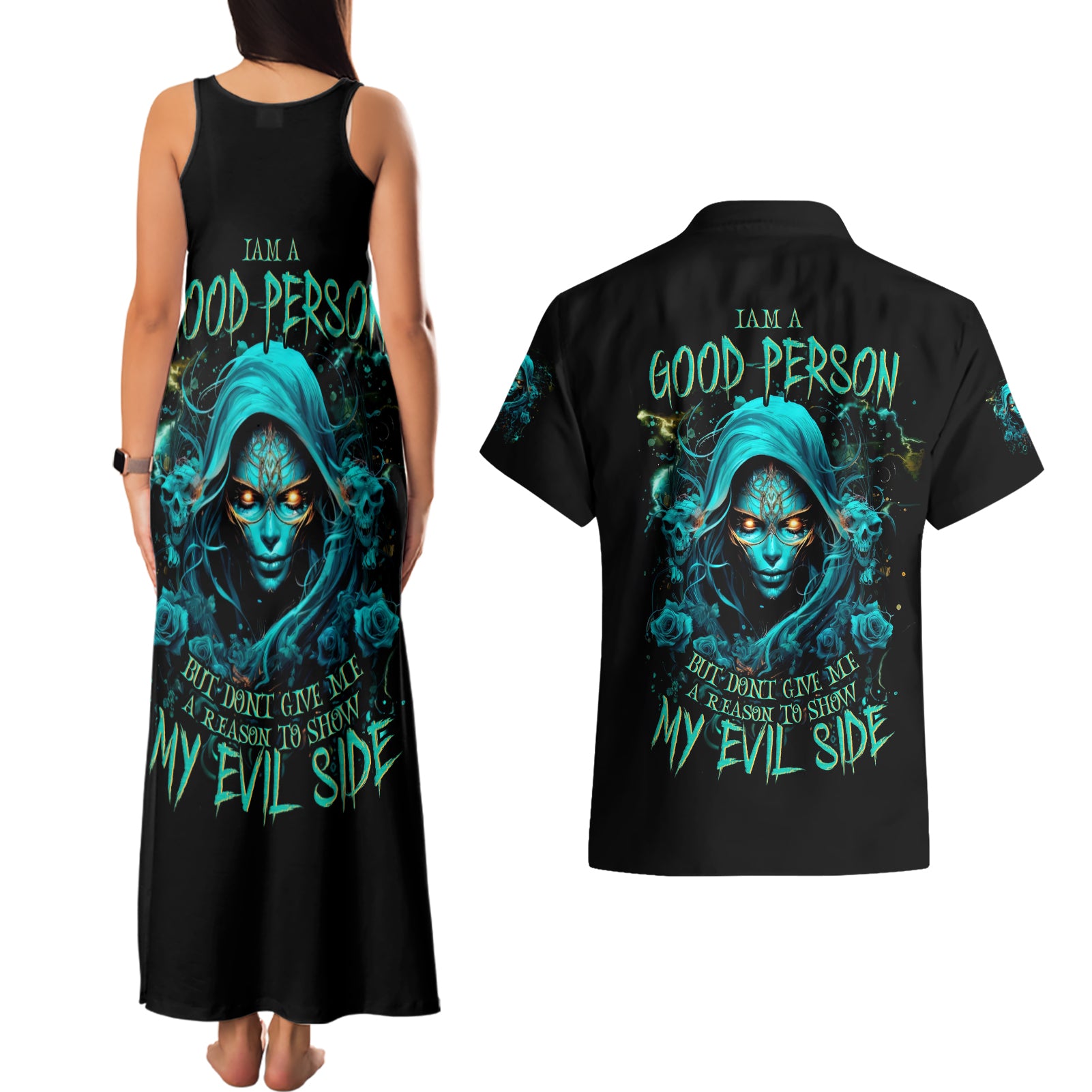 Lady Skull Couples Matching Tank Maxi Dress and Hawaiian Shirt Iam A Good Person But Don't Give Me Are To Show My Evil Side