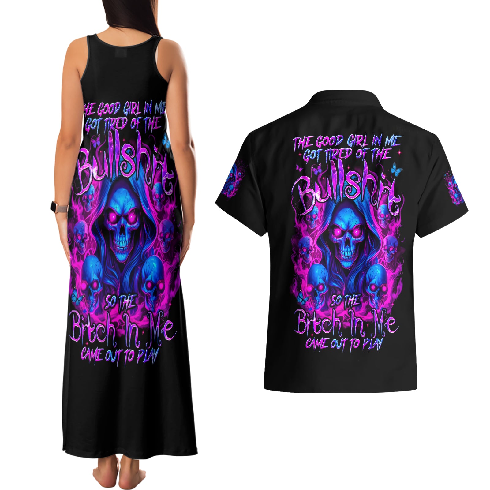 Flame Skull Couples Matching Tank Maxi Dress and Hawaiian Shirt The Good Girl In Me Got Tired Of The Bullshit