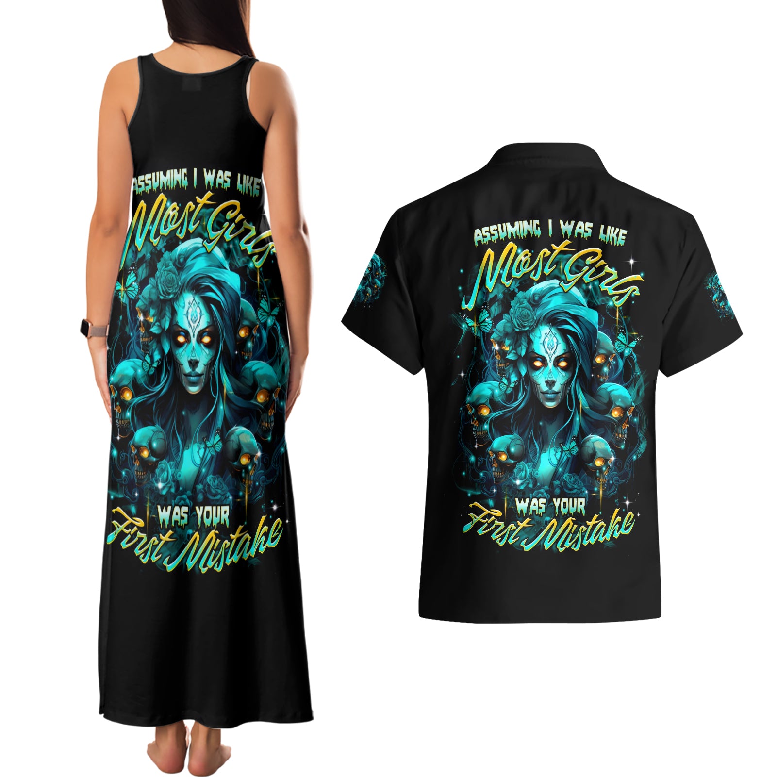 Lady Skull Couples Matching Tank Maxi Dress and Hawaiian Shirt Assuming I Was Like Most Girls Was Your First Mistake
