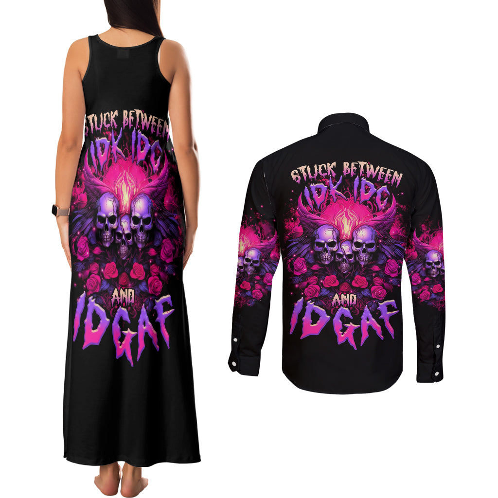 Rose Skull Couples Matching Tank Maxi Dress and Long Sleeve Button Shirt Stuck Between IDK IDC And IDGAF